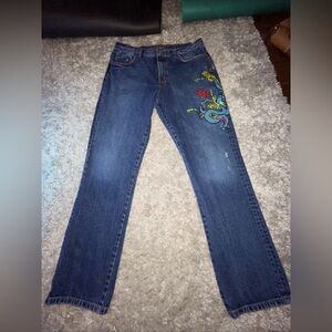 Ralph Lauren Womens 12 Dragon Embroided Distressed Denim Blue Jeans